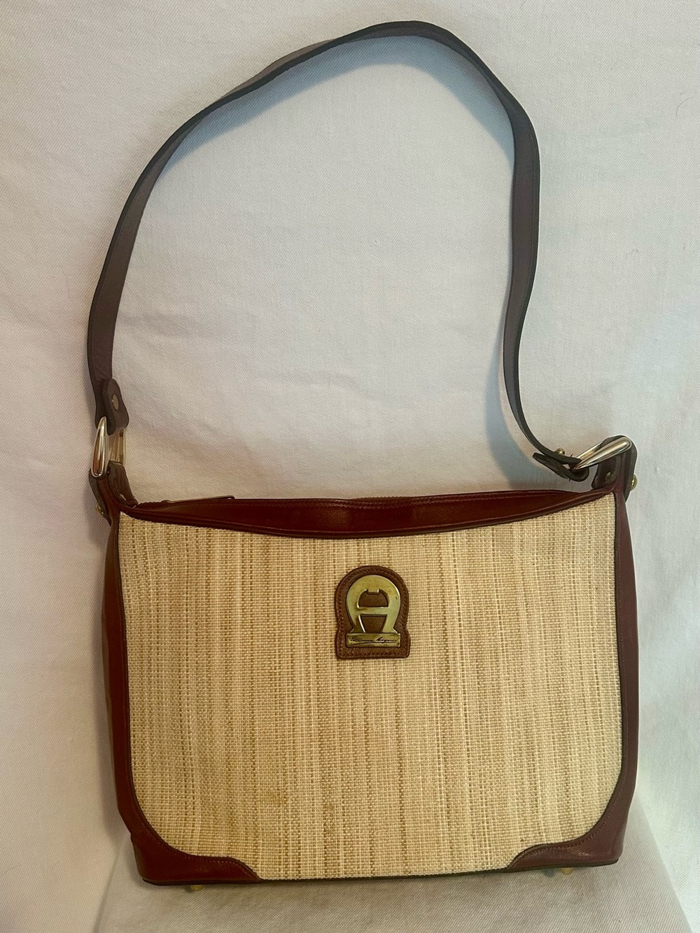 Vintage Etienne Aigner Woven Straw & Leather Shoulder Bag - MINT with Mirror